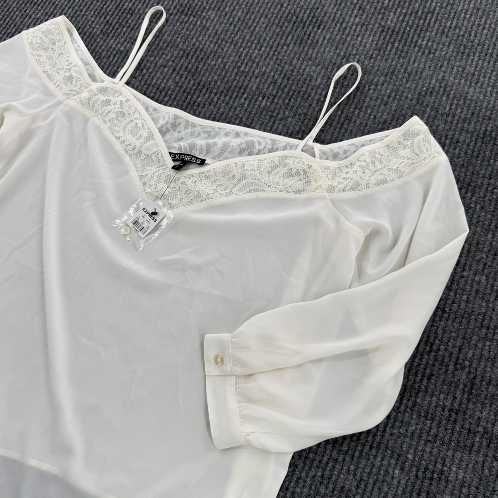 Express Womens Large White Off Shoulder Lace Trim Long Sleeve Blouse Top